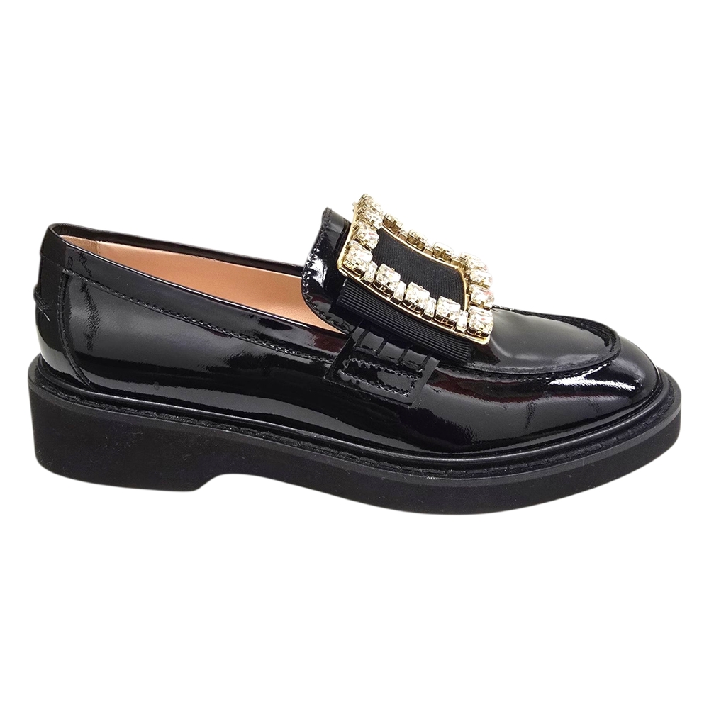 Roger Vivier Black Patent Loafers with Gold Detail